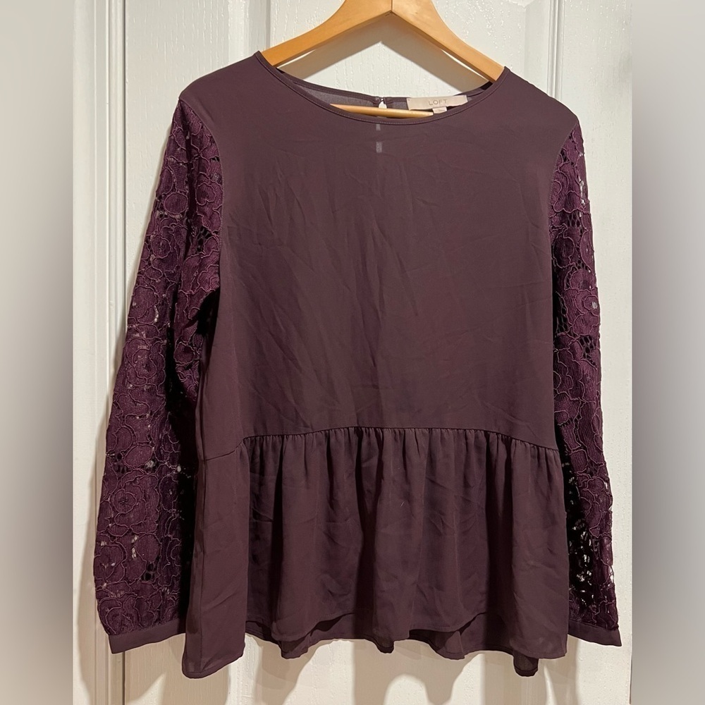 Ann Taylor LOFT medium Burgundy Lace Long Sleeve Peplum Blouse Top
